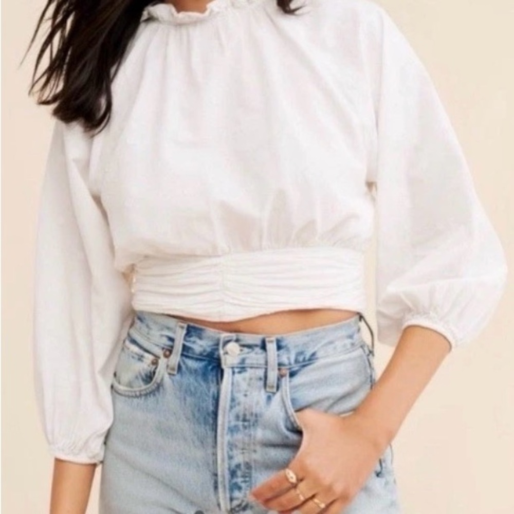 Maeve by Anthropologie White Blouse with Ruched Waist polka dot puff sleeve 10